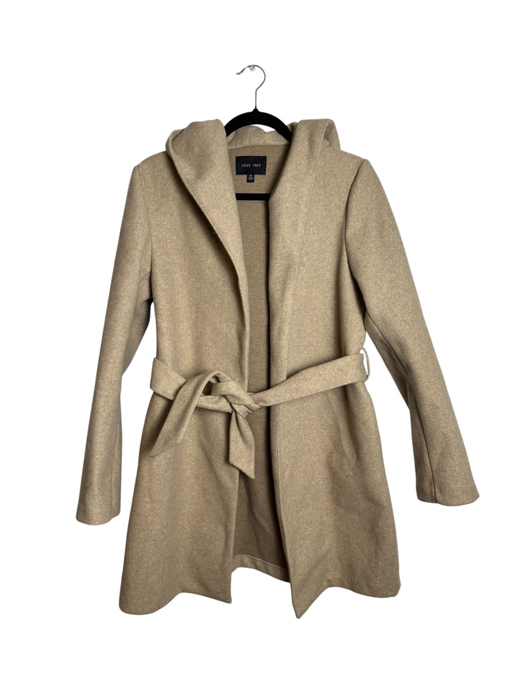 Love Tree Hooded Belted Waterfall Wrap Trench Coat Oatmeal Beige Medium